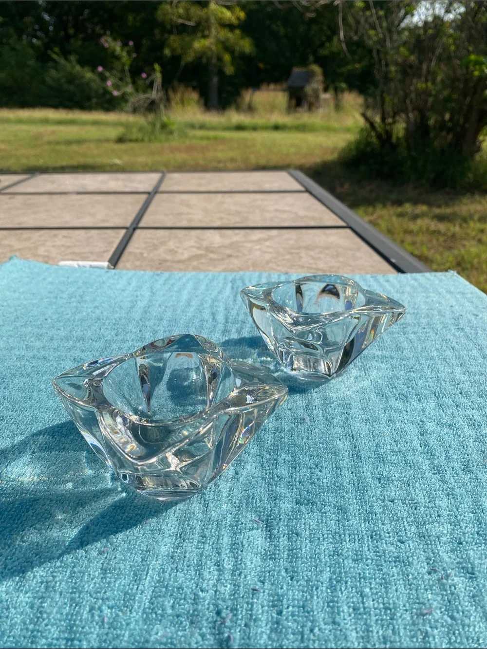 Vintage Heavy Clear Crystal Candle Holders Four-Sided Blooming Petals- Set of 2